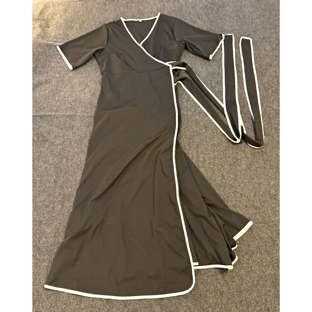 Black White Trim Wrap Maxi Dress V-Neck Short Sleeve Tie Closure Solid XL